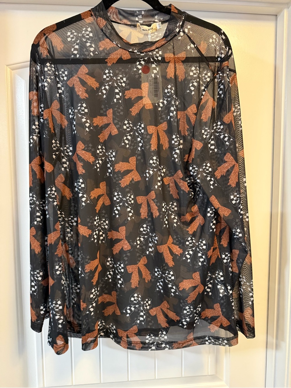Southern Stitch Black Sheer Long-Sleeve Top with Rust Bow Print